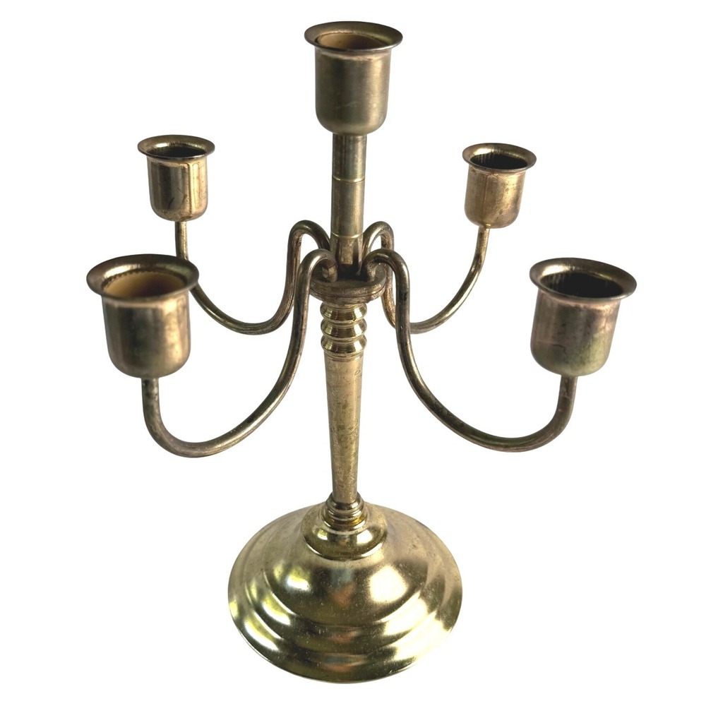 Vintage Brass Candelabra 5 Arm Candlestick Holder 9.5" MCM Taiwan Regency